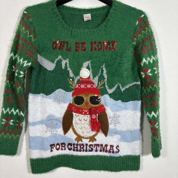 Holiday Time Owl Be Home For Christmas Ugly Sweater 14 16 Plus Kids Fuzzy Green - Picture 1 of 9